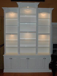 Painted Wood Cabinet, Glass Shelves and Lighting